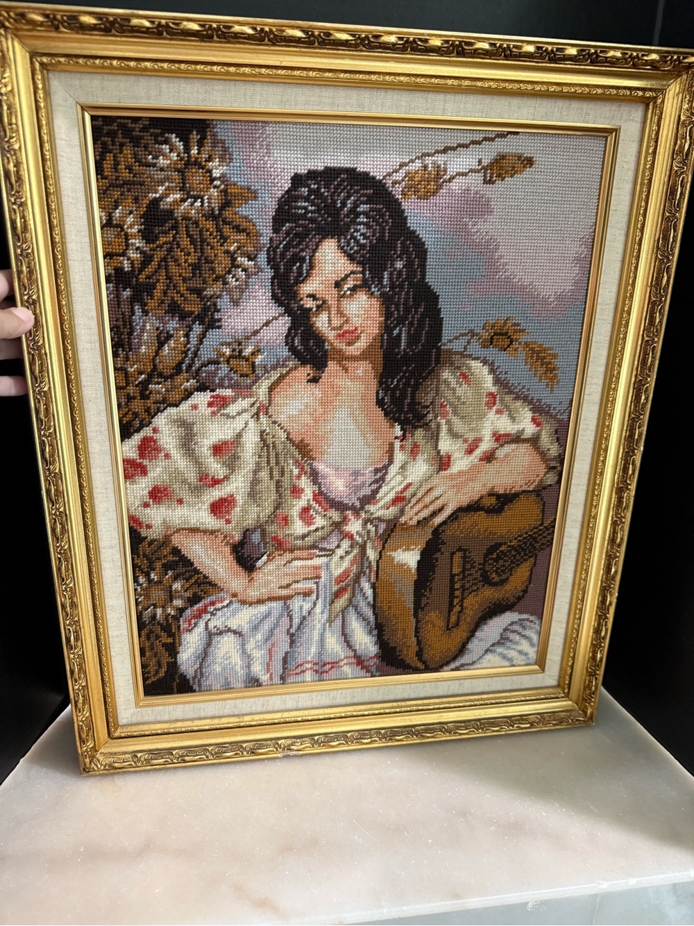 Needlepoint Vintage Framed Tapestry Spanish Woman Holding a Guitar 24x20